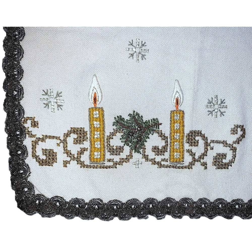 Holiday Xmas Candles Snowflakes Needlework Wool Runner Vtg / Antique 18x42" Read